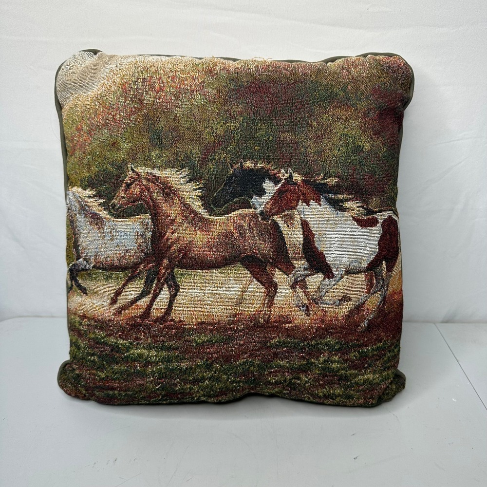 G Cummings Wild Horses Woven Tapestry Throw Pillow Rustic Western Decor 12.5in